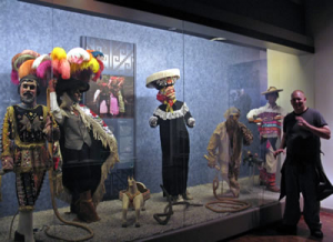 Clown figures in display window