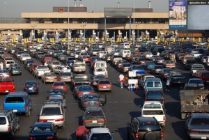 Cars waiting to get through the Mexico border station