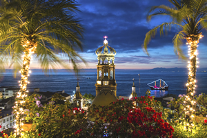 Puerto Vallarta malecon at dusk during the Christmas season