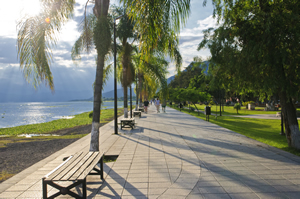 View of the boardwalk and shore of Lake Chapala