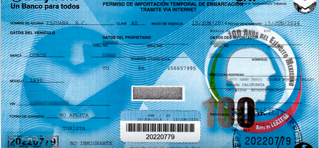Image of a temporary importation permit from Mexico