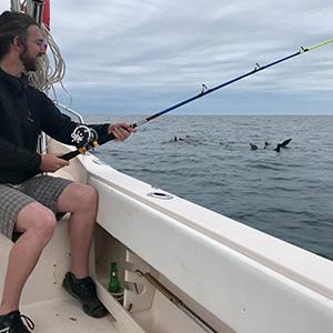 Man fishing off a boat with dolphins in the background, in Mexico