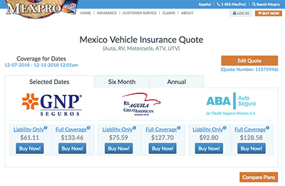 Screen shot of Mexpro's Quote results page